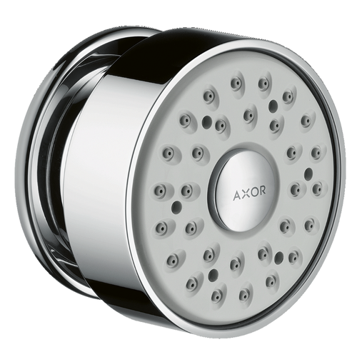 Chrome shower head with 'Axor' branding on a white background