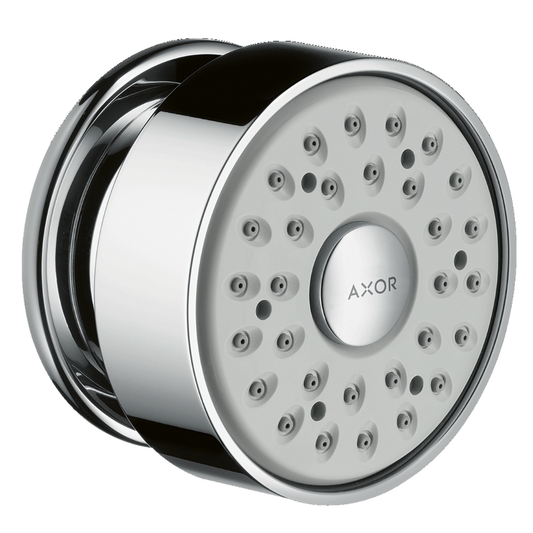 Chrome shower head with 'Axor' branding on a white background