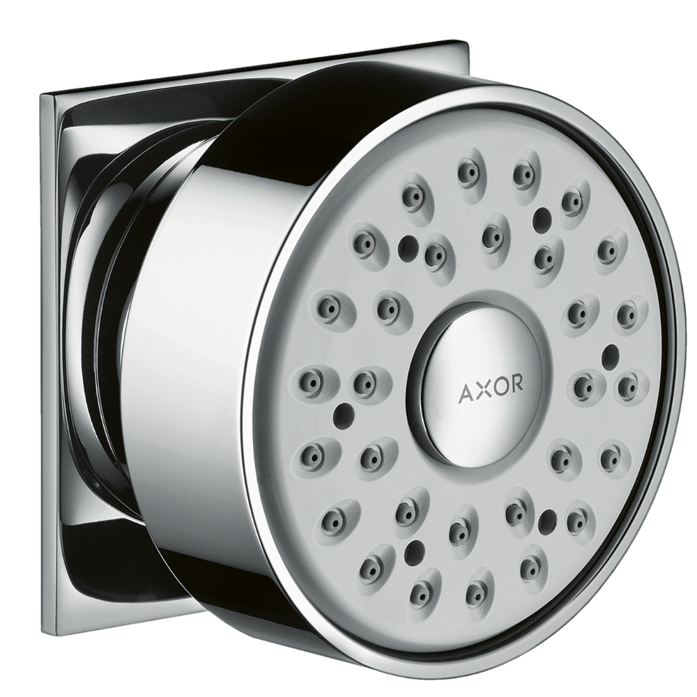 Chrome shower head with AXOR branding on a white background