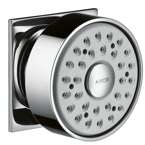 Chrome shower head with AXOR branding on a white background