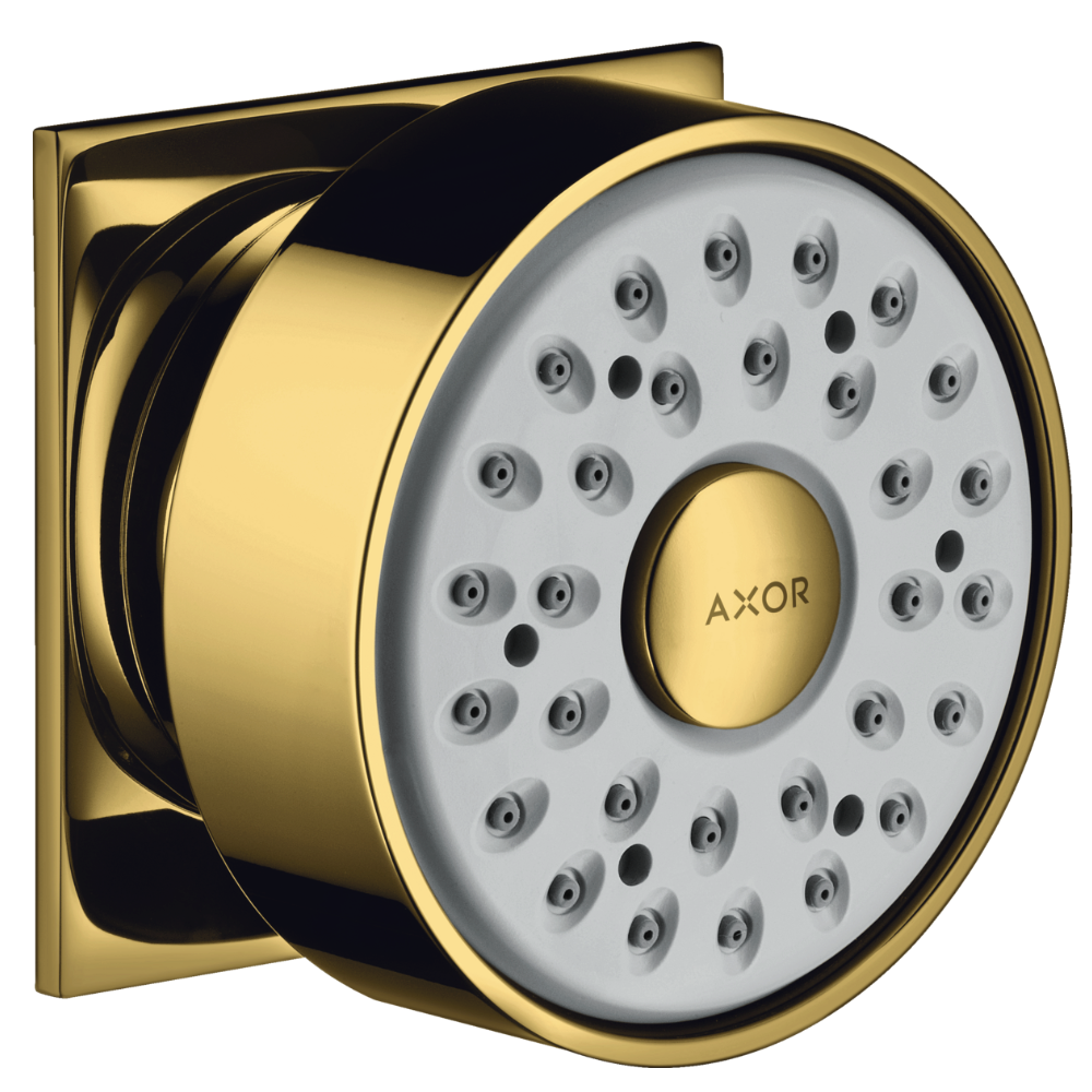 Gold and black shower head with 'AXOR' branding on a white background