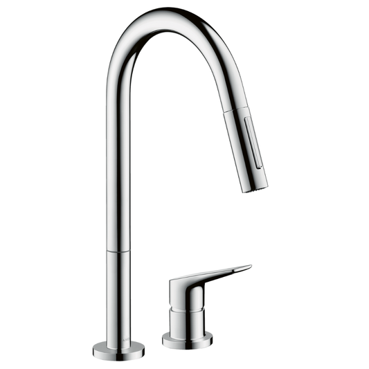 Chrome kitchen faucet and soap dispenser on a white background
