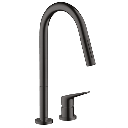 Black kitchen faucet with pull-down sprayer on a white background