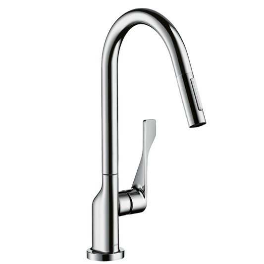 Chrome kitchen faucet on a white background