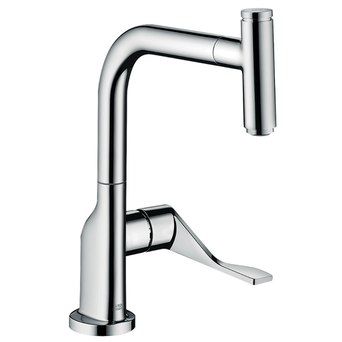 Chrome kitchen faucet on a white background