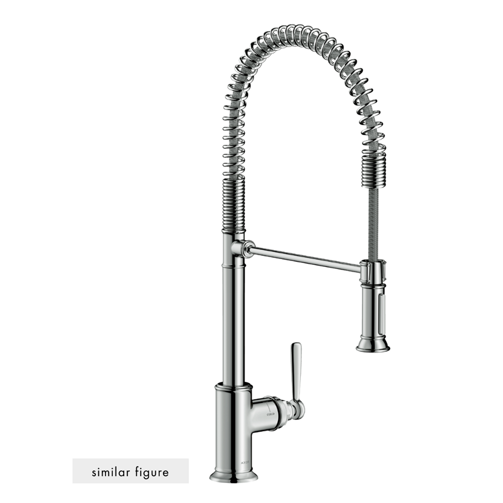 Chrome kitchen faucet with a flexible hose on a white background