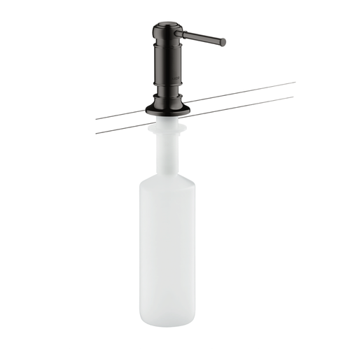 White soap dispenser with black pump on a white background