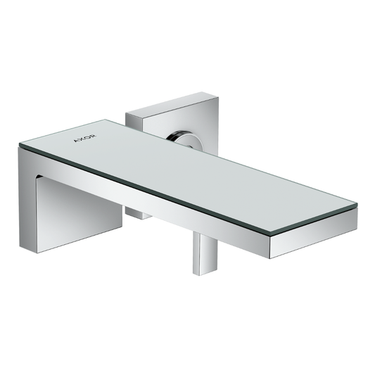 Chrome shower wall-mounted fixture with glass shelf on a white background