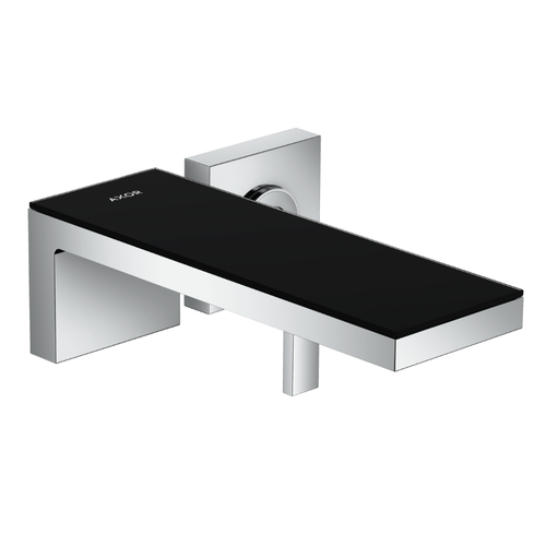 Modern wall-mounted shower fixture with black glass panel and chrome finish on a white background