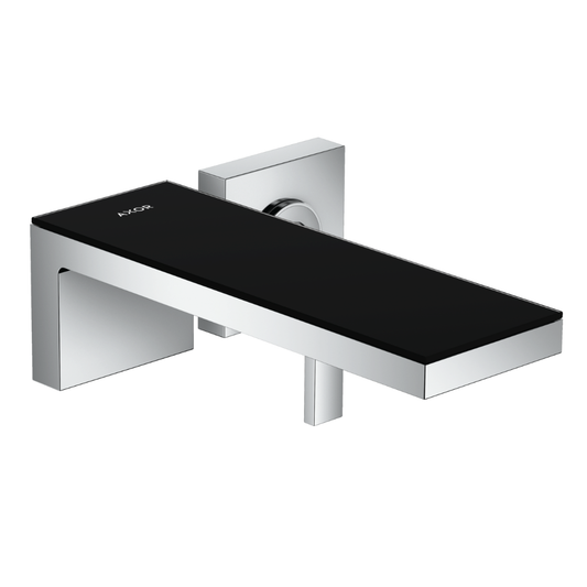 Modern wall-mounted shower fixture with black glass panel and chrome finish on a white background
