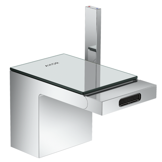 Chrome bathroom fixture with glass top on a white background