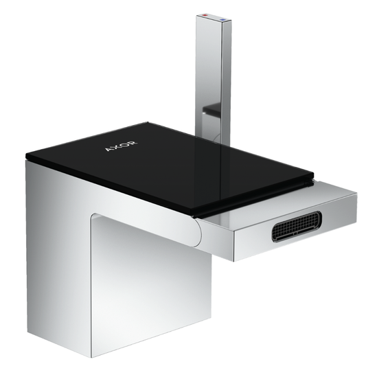 Chrome and black bathroom faucet with 'Axor' branding on a white background