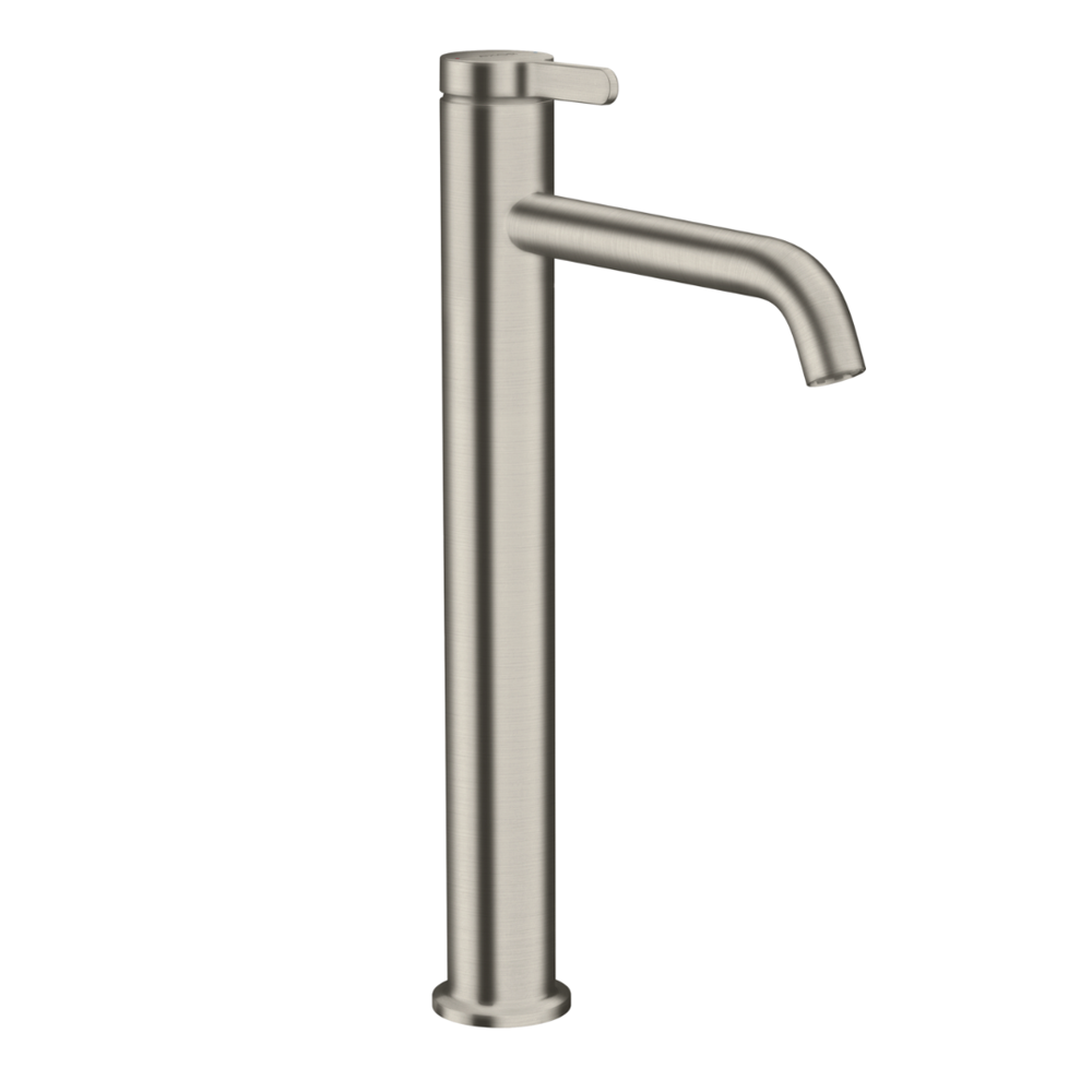 Stainless steel sink faucet on a white background