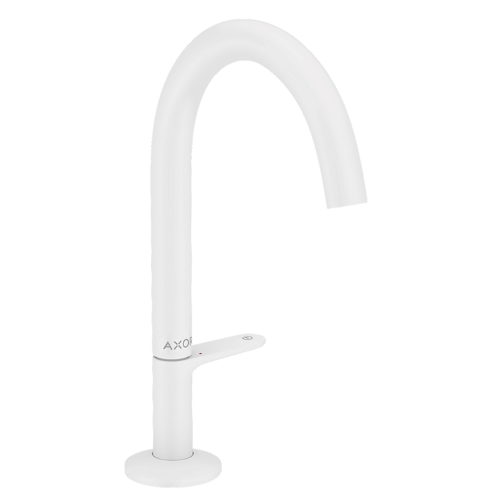 White kitchen faucet with curved design on a white background