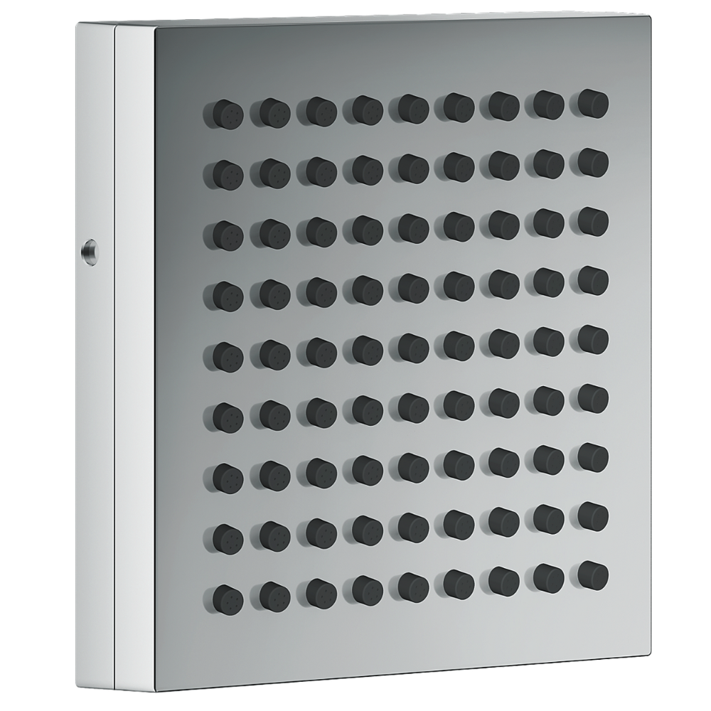 Square shower head with black nozzles on a white background