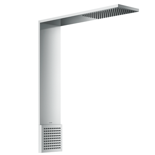 Stainless steel shower panel with rain shower head on a white background