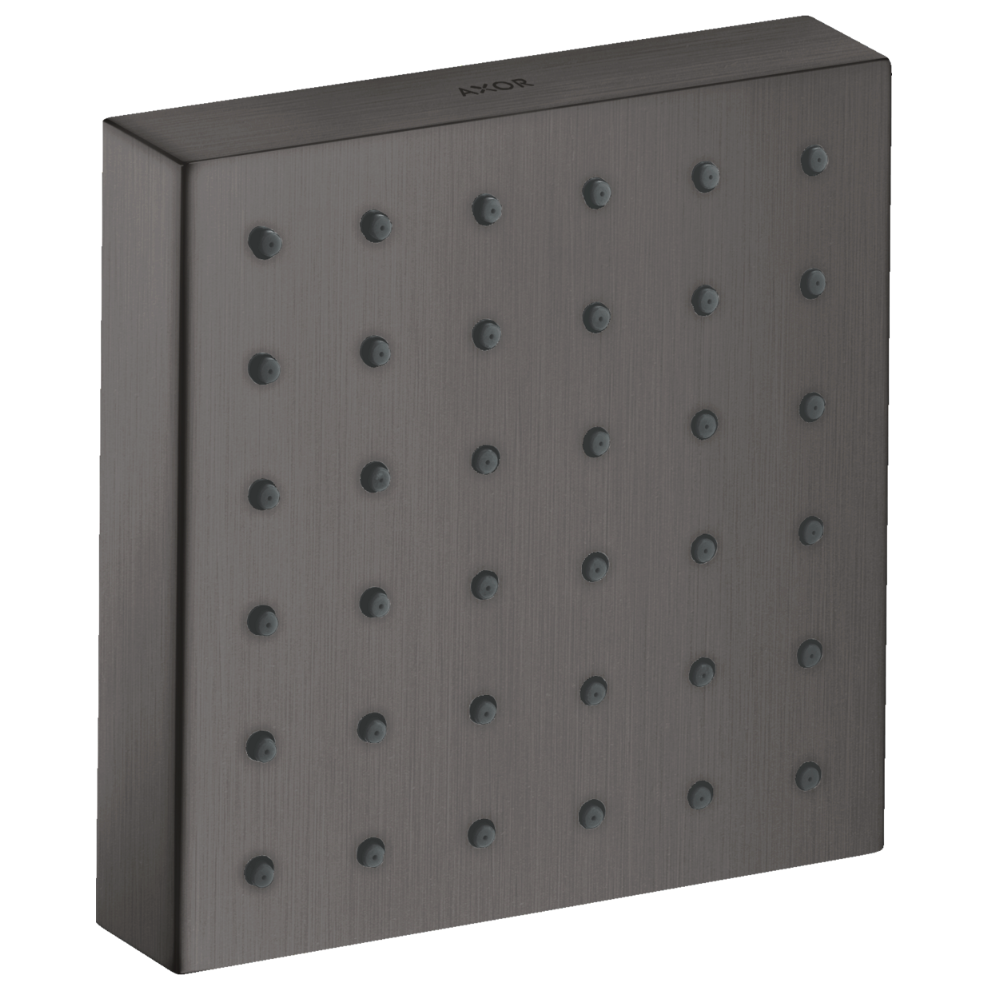 Square metallic object with circular indentations on a white background