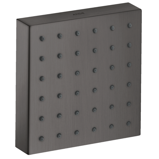 Square metallic object with circular indentations on a white background