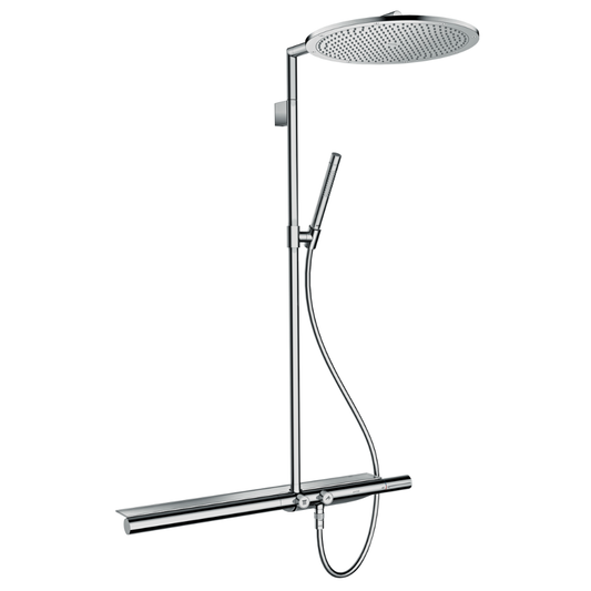 Chrome shower head and handheld shower on a white background