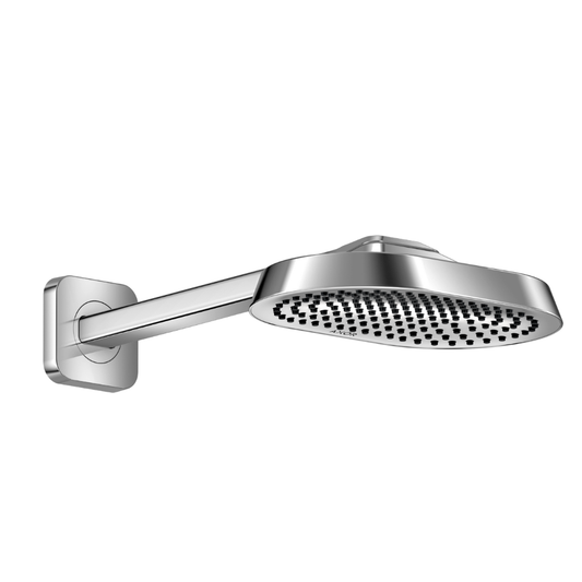 Chrome shower head with arm on a white background