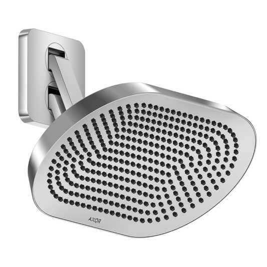Chrome shower head with AXOR logo on a white background