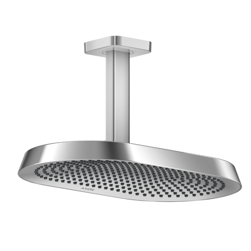 Chrome ceiling-mounted shower head on a white background