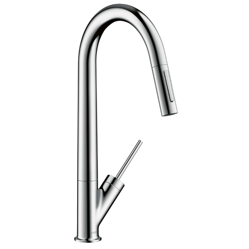 Chrome kitchen faucet on a white background