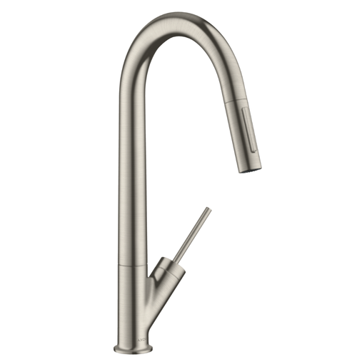 Stainless steel kitchen faucet on a white background