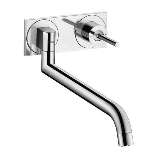 Chrome wall-mounted faucet with spout on a white background