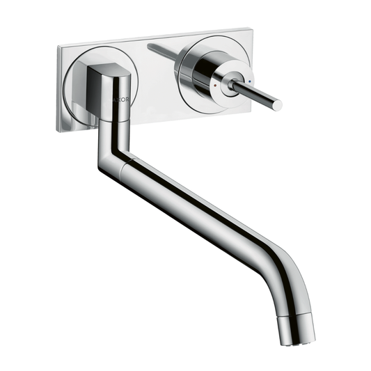 Chrome wall-mounted faucet with spout on a white background