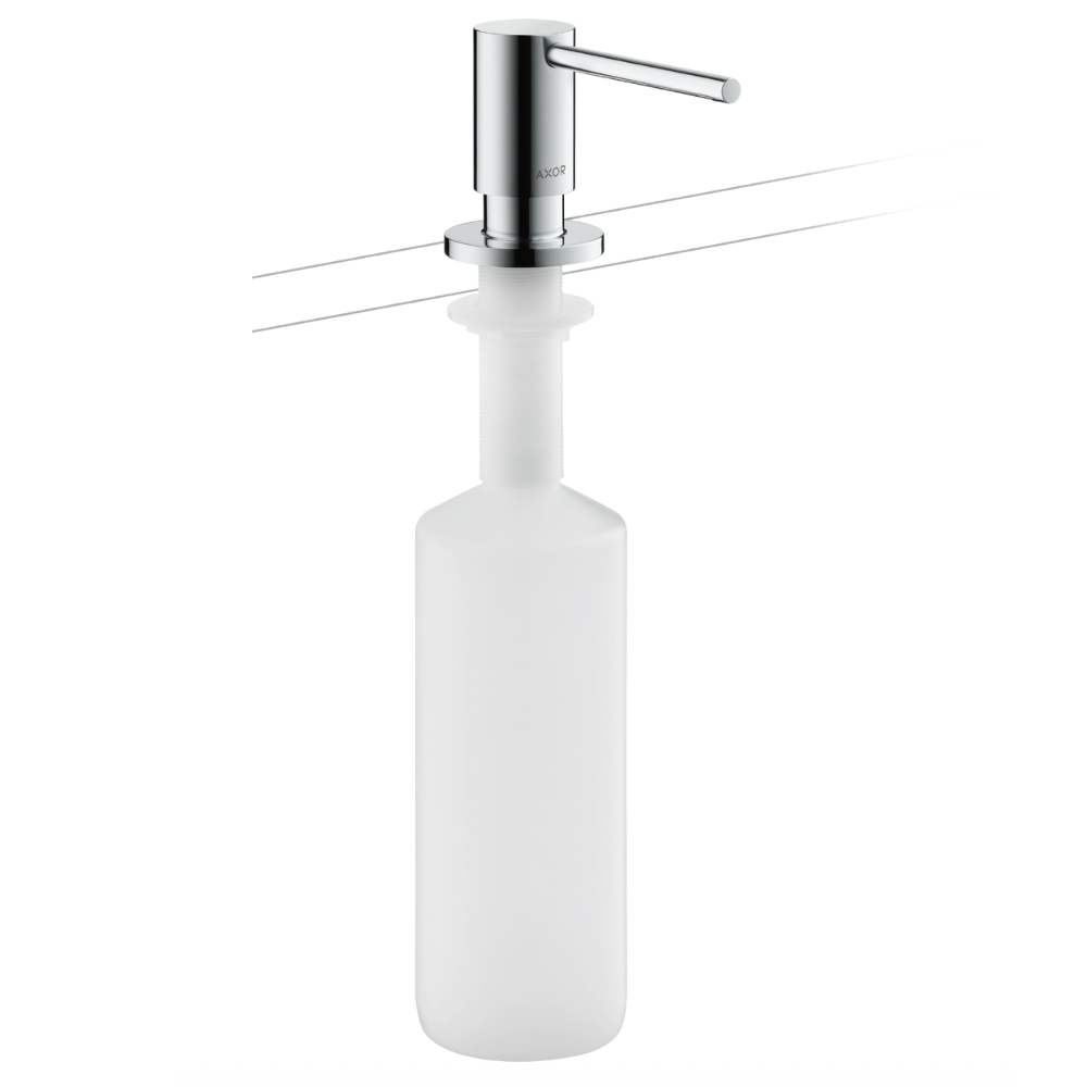 White soap dispenser with chrome pump on a white background