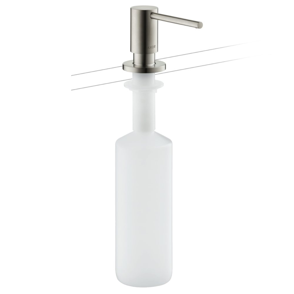 White soap dispenser with metallic pump on a white background