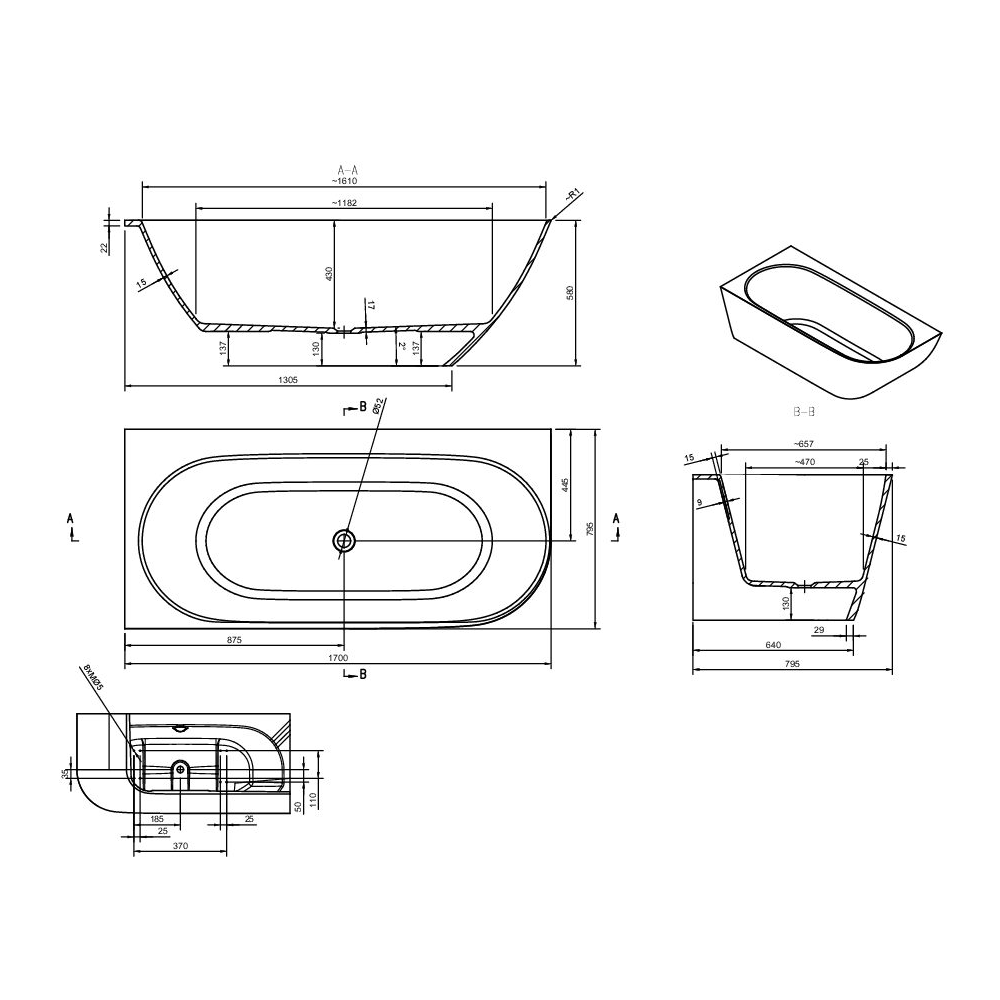 Ashton & Bentley Eros Left Handed Corner Bath 1700mm dimensions