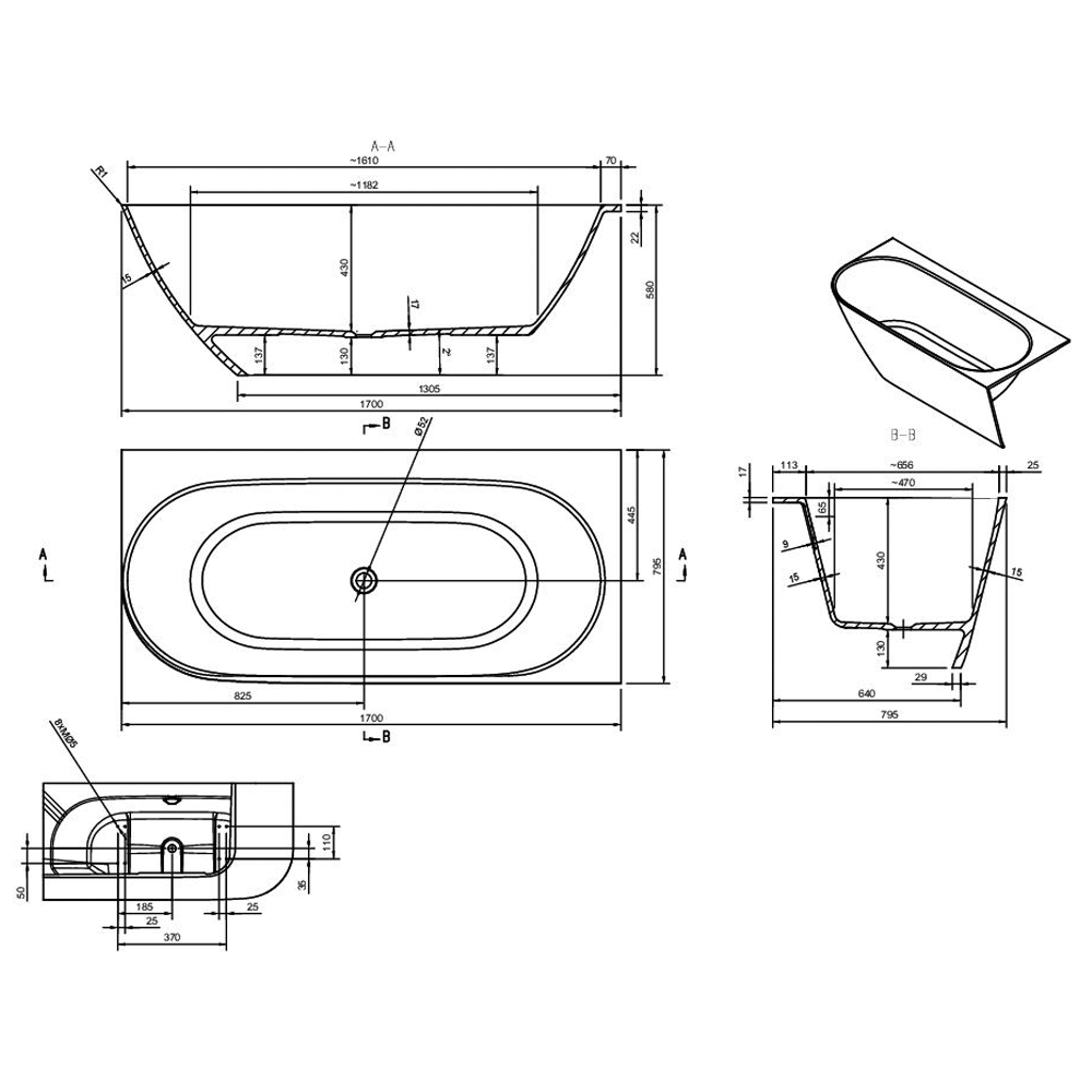Ashton & Bentley Eros Right Handed Corner Bath 1700mm dimensions