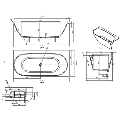 Ashton & Bentley Eros Right Handed Corner Bath 1700mm dimensions