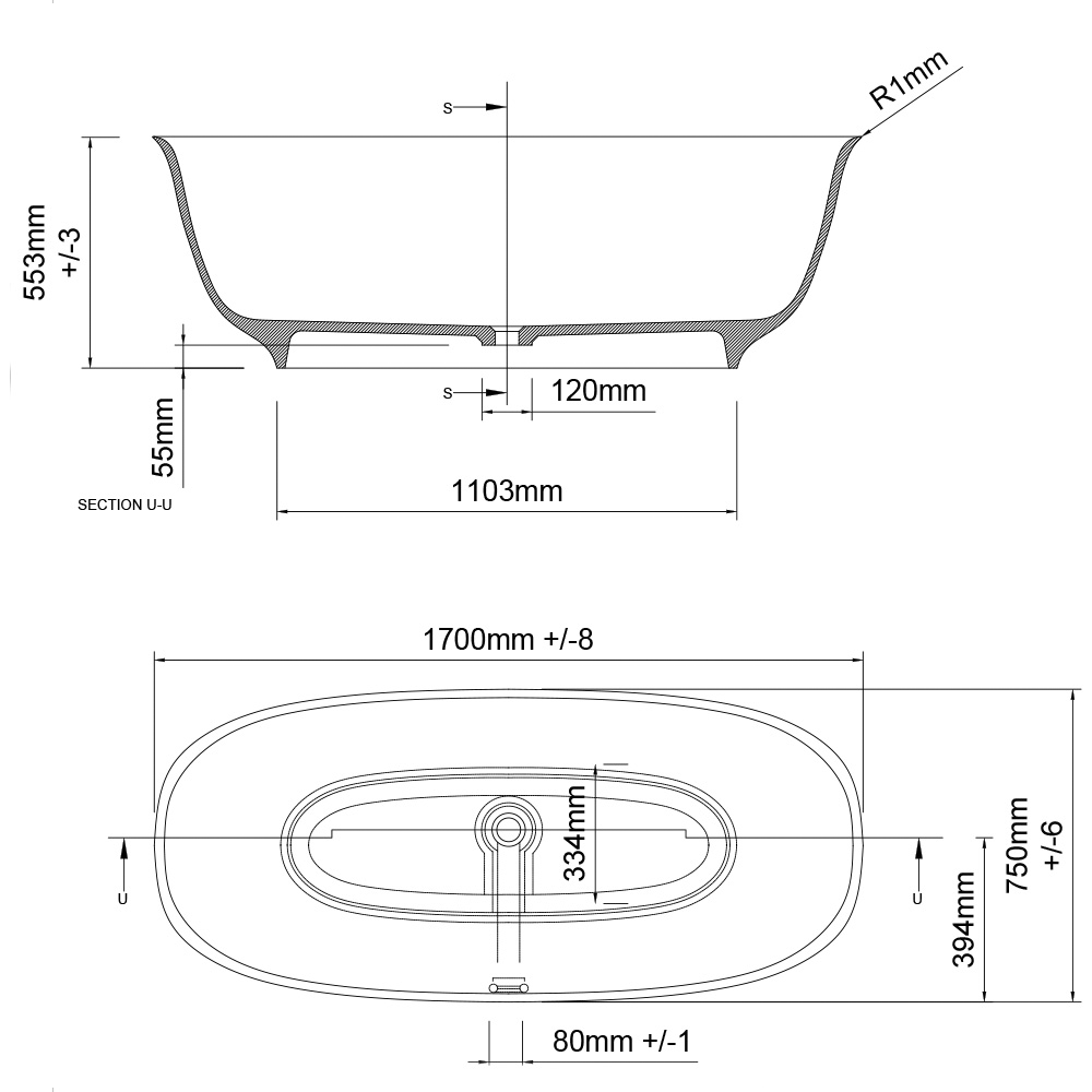 Ashton & Bentley Isabela 1700mm Free Standing Bath dimensions