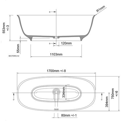 Ashton & Bentley Isabela 1700mm Free Standing Bath dimensions