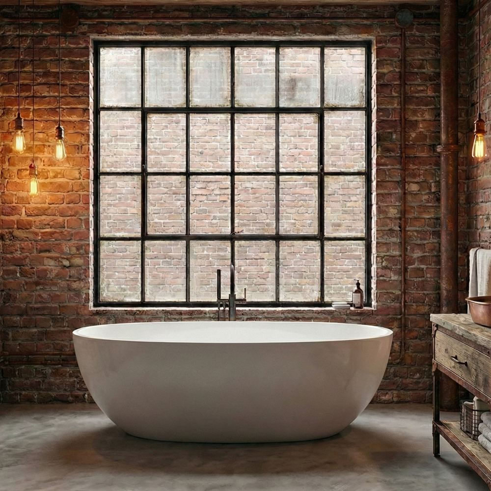 Modern freestanding bathtub in a bathroom with brick walls and large window.
