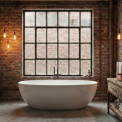 Modern freestanding bathtub in a bathroom with brick walls and large window.