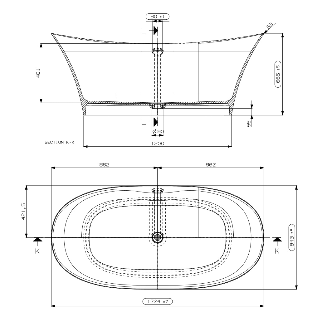 Ashton & Bentley Santiago 1724mm Free Standing Bath dimensions