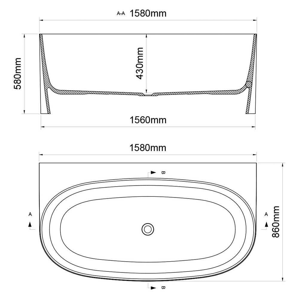 Ashton & Bentley Selene 1580mm Free Standing Bath dimensions