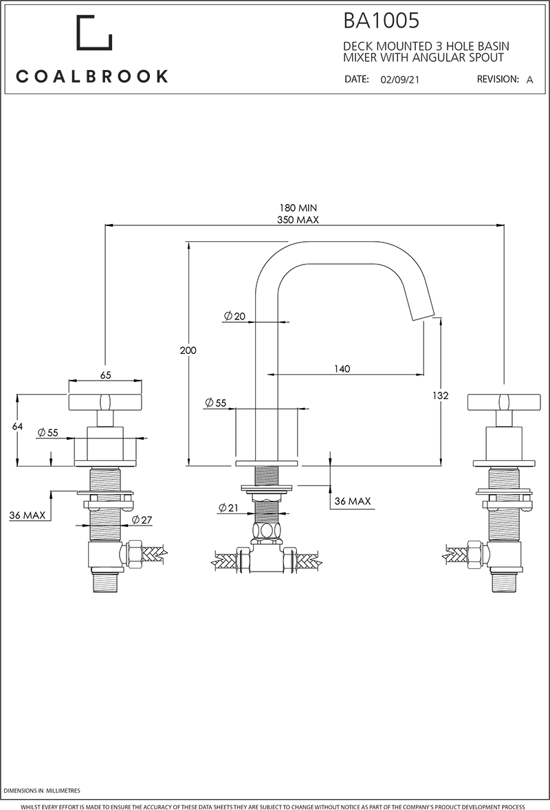 Coalbook Bank 3th Deck Mounted Basin Mixer Angled Fixed Spout BA1005 drawing