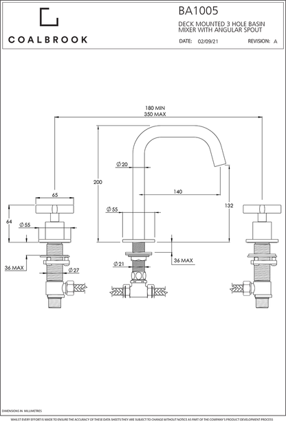 Coalbook Bank 3th Deck Mounted Basin Mixer Angled Fixed Spout BA1005 drawing