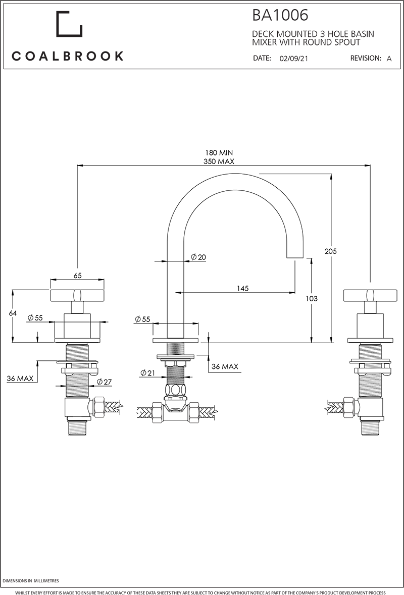 Coalbook Bank 3th Deck Mounted Basin Mixer Round Fixed Spout BA1006 drawing