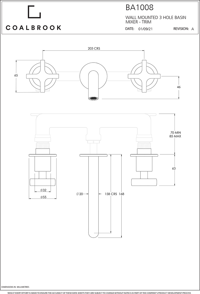 Coalbook Bank 3th Wall Mounted Basin Mixer (165mm Spout) including Rough BA1008 ( 4 Colours Available )