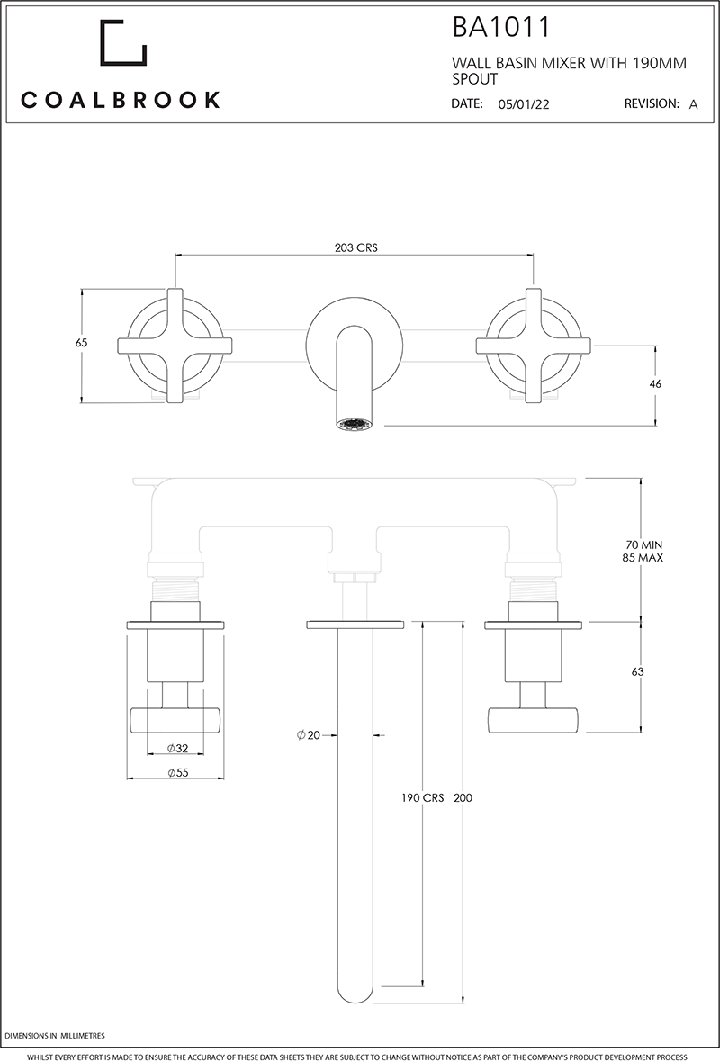 Coalbook Bank 3th Wall Mounted Basin Mixer (190mm Spout) including Rough BA1011 ( 4 Colours Available )