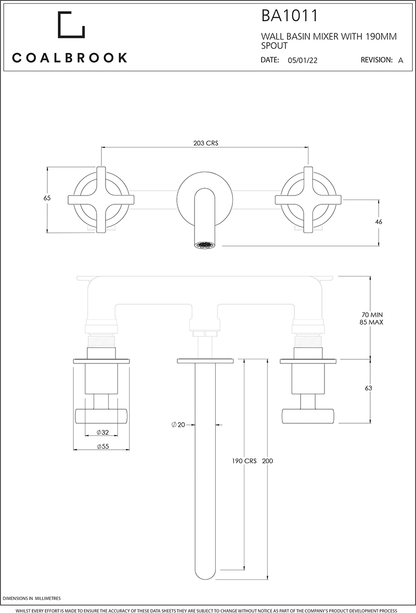 Coalbook Bank 3th Wall Mounted Basin Mixer (190mm Spout) including Rough BA1011 ( 4 Colours Available )