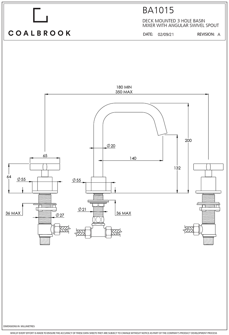 Coalbook Bank 3th Deck Mounted Basin Mixer Angled Swivel Spout BA1015 drawing