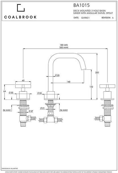 Coalbook Bank 3th Deck Mounted Basin Mixer Angled Swivel Spout BA1015 drawing