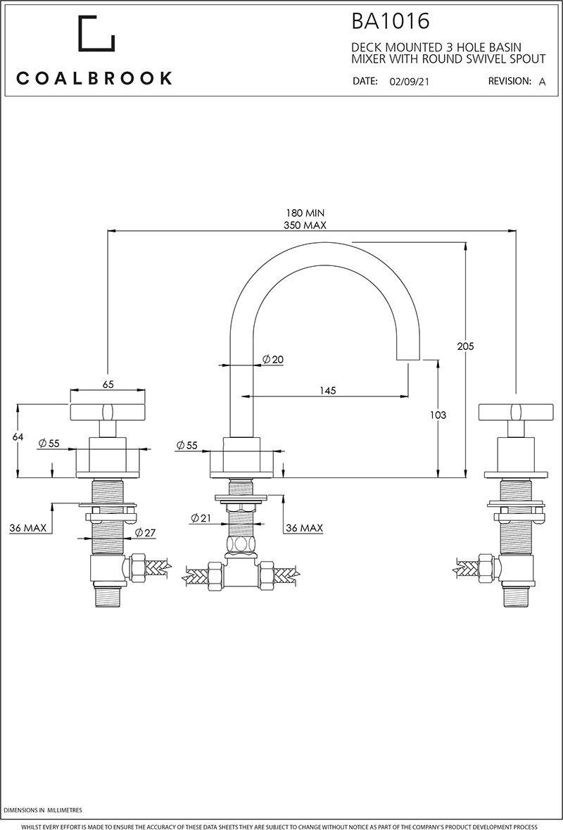 Coalbook Bank 3th Deck Mounted Basin Mixer Round Swivel Spout BA1016 drawing